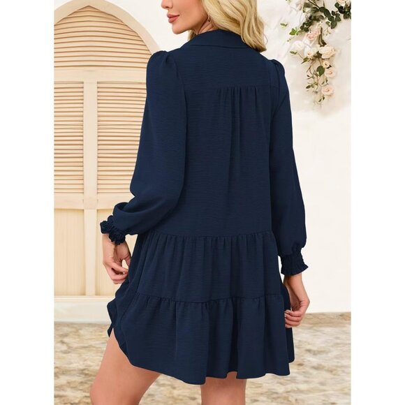 Long Sleeve Midi Dress Polyester Pleated A-Line Casual for Women - Picture 6 of 6